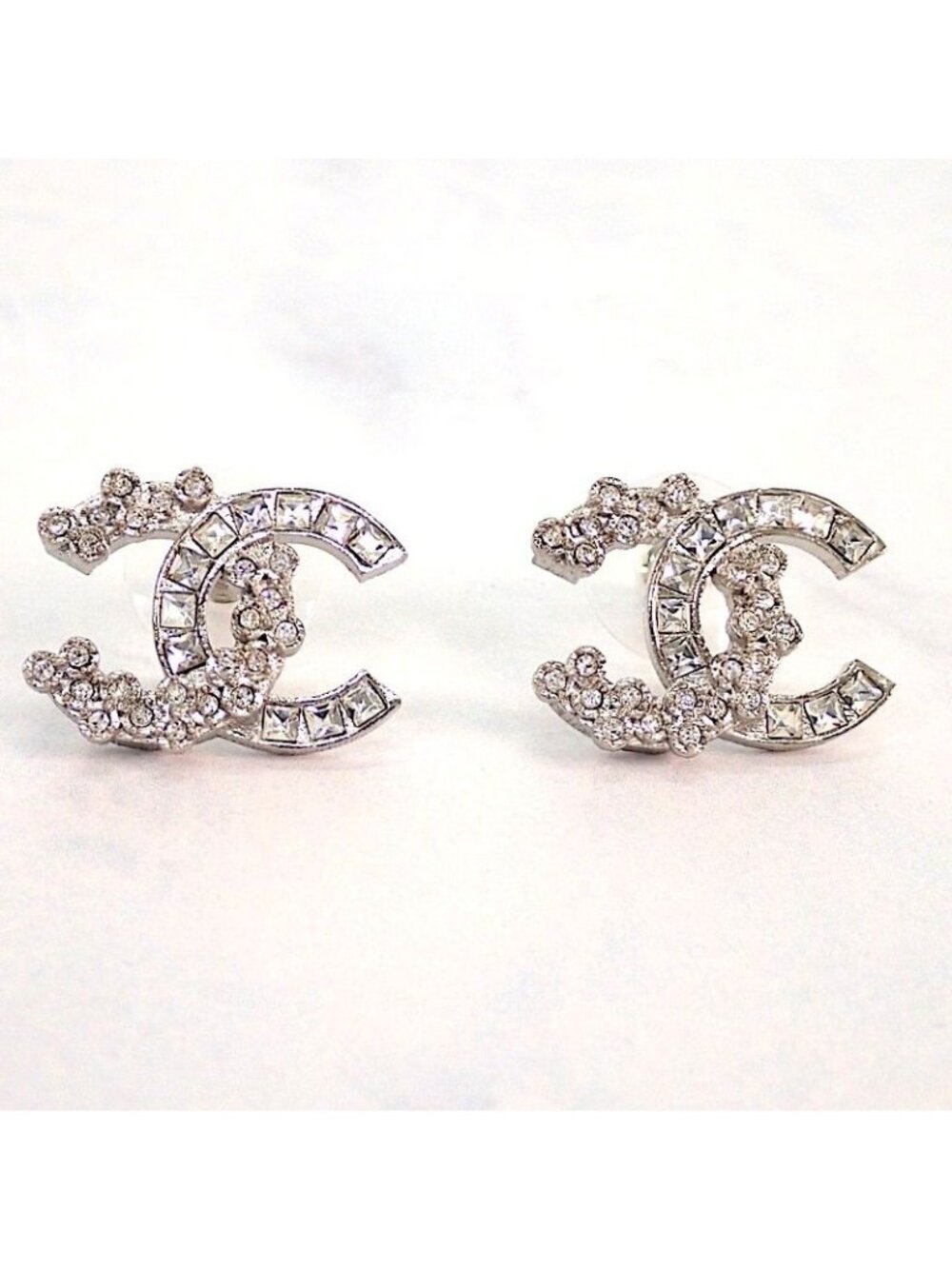Chanel CC Logo Earrings Metal Crystal Silver